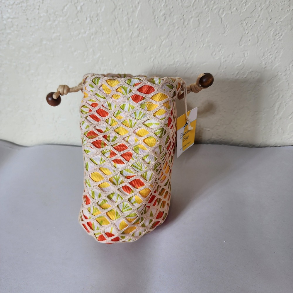 Anthropologie Citrus Print Macrame Net Drawstring Cosmetic Bag NWT